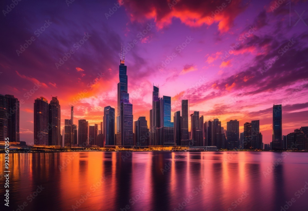 Fototapeta premium breathtaking skyline panorama sunset featuring vivid clouds vibrant colors, aesthetic, architecture, atmospheric, beautiful, bright, charm, cityscape