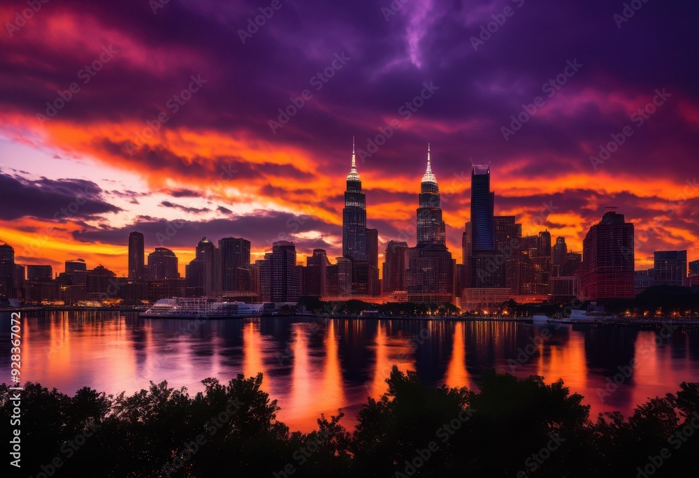 Naklejka premium vibrant city skyline silhouettes twilight hues showcasing majestic urban landscape colorful evening sky, aesthetic, ambiance, architectural, architecture
