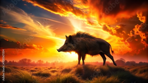 mysterious backlight silhouettes indian boar fusion against fiery orange red sunset sky mythical creature wild untamed free spirit open landscape