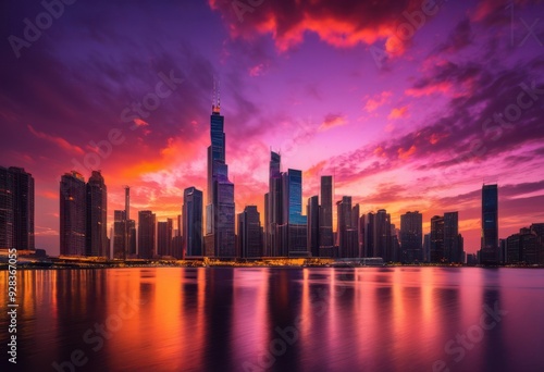 breathtaking skyline panorama sunset featuring vivid clouds vibrant colors, aesthetic, architecture, atmospheric, beautiful, bright, charm, cityscape