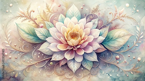 Delicate watercolor illustration of a blooming flower amidst intricate patterns, soft colors, and subtle texture, evoking a sense of elegance and serenity.