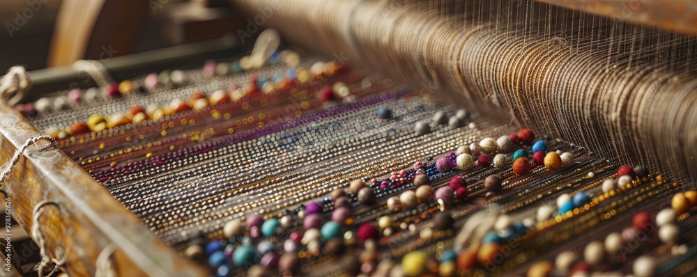 Intricate beadwork forming patterns on a loom, 4K hyperrealistic photo Intricate beadwork forming patterns on a loom, 4K hyperrealistic photo