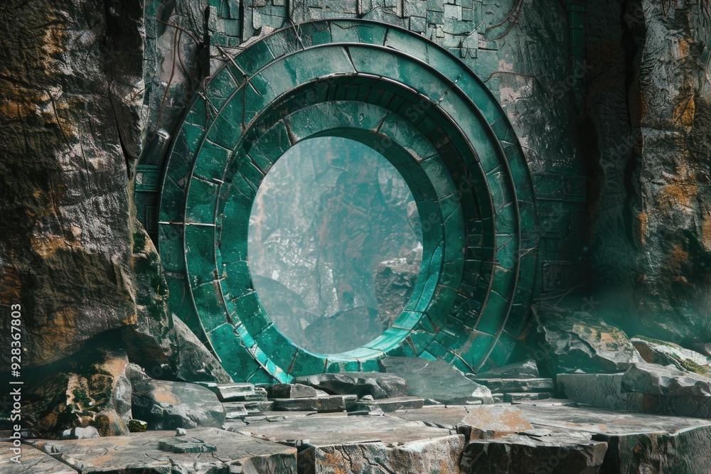 Fototapeta premium A large circular window set into a stone wall, providing natural light and a view of the surrounding landscape