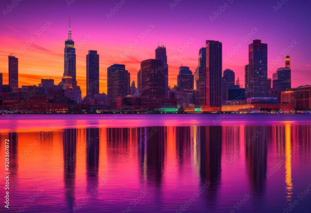Obraz premium vibrant urban skyline reflections dusk colorful lights soft glows enhancing cityscape beauty, architecture, buildings, contemporary, design, evening, horizon