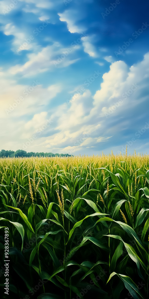 Vibrant corn field under a bright blue sky with fluffy clouds, showcasing the beauty of nature and agricultural landscapes. Vibrant corn field under a bright blue sky with fluffy clouds, showcasing the beauty of nature and agricultural landscapes.