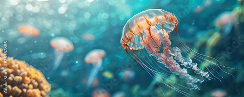 Graceful jellyfish drifting serenely in the currents, 4K hyperrealistic photo