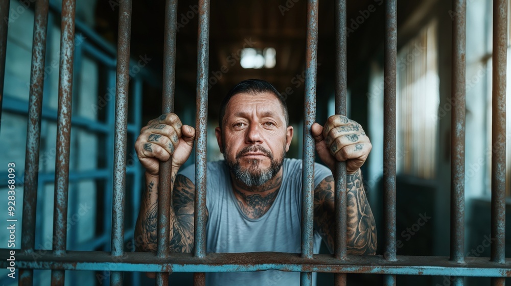 Obraz premium A tattooed man standing behind prison bars, gripping the bars with his hands. The expression on his face is serious and contemplative.