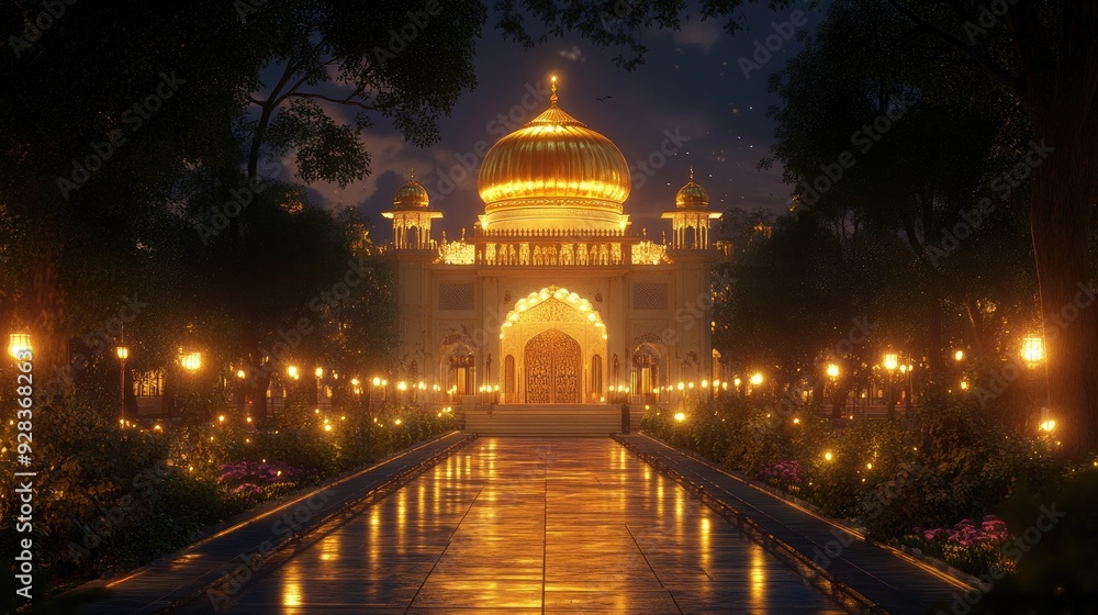 Obraz premium Sacred Sikh gurdwaras golden dome glowing in the twilight, surrounded by peaceful trees and illuminated walkways