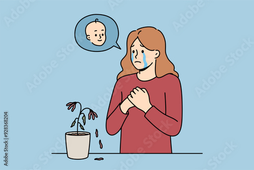 Problem of infertility upsets woman, crying standing near withered flower, and dreaming of child. Girl is sick with infertility caused by poor ecology or congenital disease of reproductive function