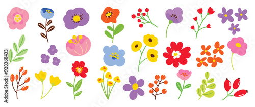 Wallpaper Mural Collection of spring colorful flower elements vector. Set floral of wildflower, leaf branch, foliage on white background. Hand drawn blossom illustration for decor, easter, thanksgiving, clipart. Torontodigital.ca