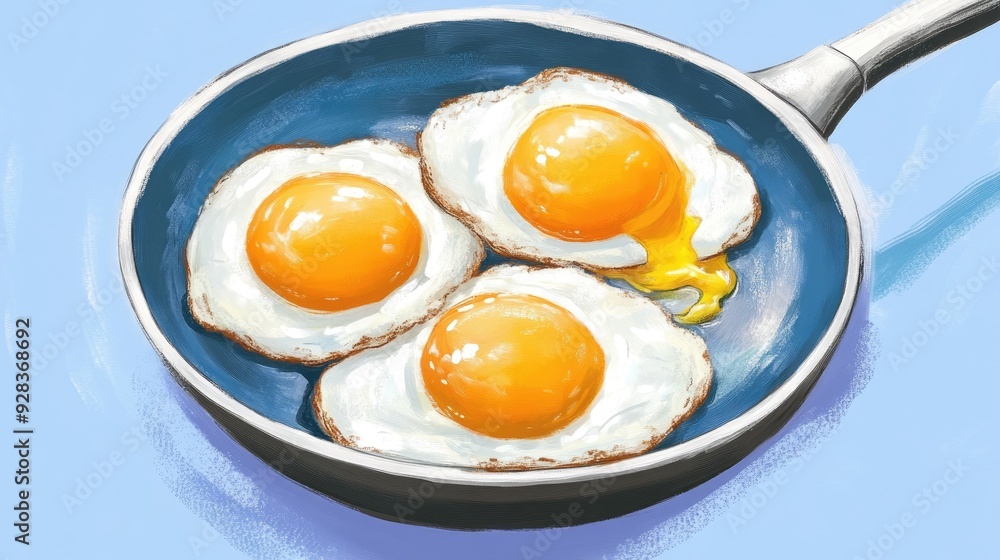 Three fried eggs in a large pan, with one yolk broken and mixing into the whites, creating a dynamic breakfast scene. Three fried eggs in a large pan, with one yolk broken and mixing into the whites, creating a dynamic breakfast scene.