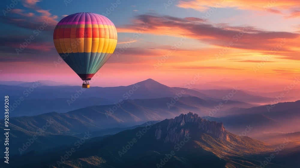 Hot air balloons above high mountain at sunset Hot air balloons above high mountain at sunset