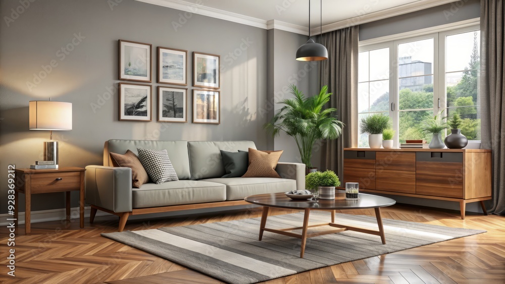 Elegant modern living room interior featuring a sleek sofa, wooden sideboard, glass coffee table, and decorative rug, perfect for customizeable mock up poster frame and personal touches. Elegant modern living room interior featuring a sleek sofa, wooden sideboard, glass coffee table, and decorative rug, perfect for customizeable mock up poster frame and personal touches.