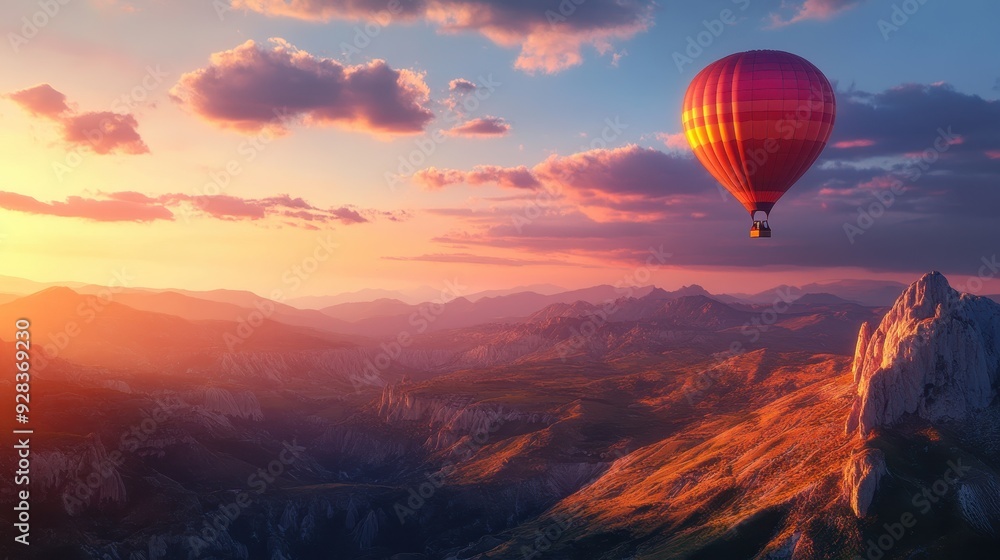 Fototapeta premium Hot air balloons above high mountain at sunset