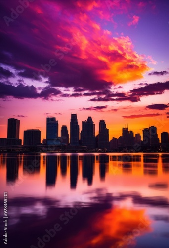 stunning vibrant skyline silhouettes colorful sunset sky displaying rich hues purple, architecture, backdrop, beauty, city, cityscape, clouds, contrast photo