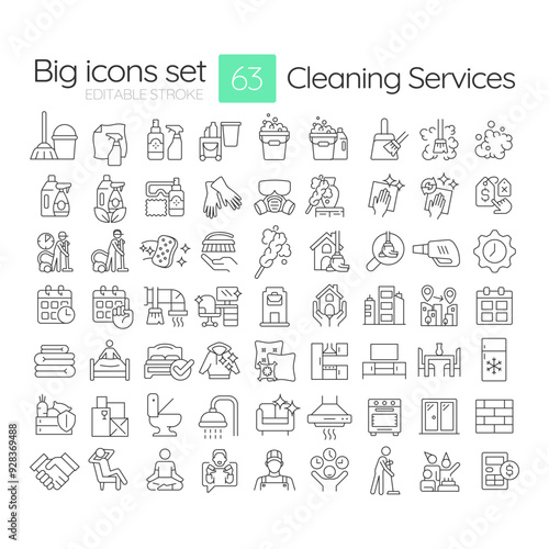 Cleaning services linear icons set. Housekeepers janitors office. Cleaner tools. Housecleaning, janitorial. Customizable thin line symbols. Isolated vector outline illustrations. Editable stroke