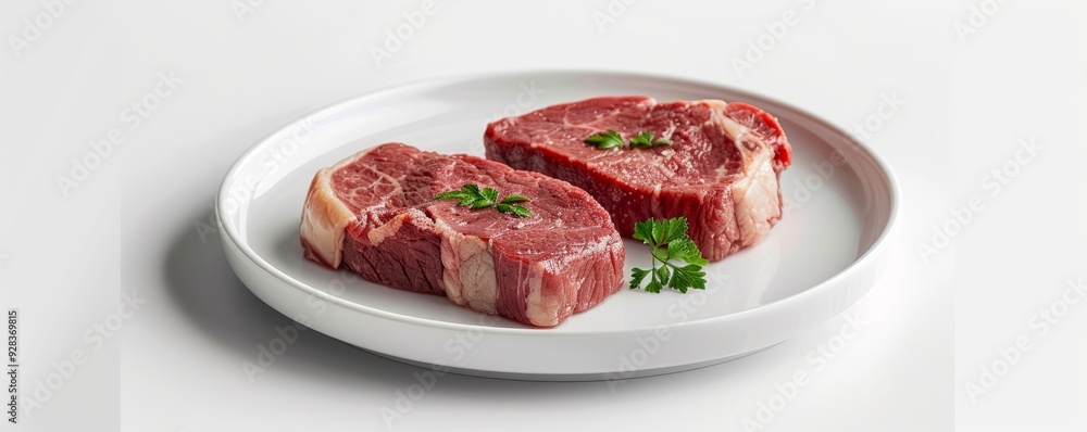 White porcelain plate with steak on white background, 4K hyperrealistic photo White porcelain plate with steak on white background, 4K hyperrealistic photo