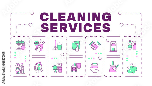 Cleaning services word concept isolated on white. Office janitorial duties. Housekeepers cleaners. Creative illustration banner surrounded by editable line colorful icons. Hubot Sans font used