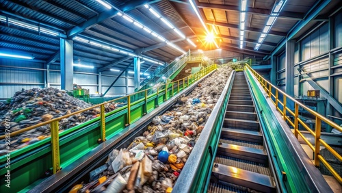 Fast-paced industrial scene of a conveyor belt transporting refuse-derived fuel with motion blur, showcasing efficient waste sorting and processing for sustainable energy production.