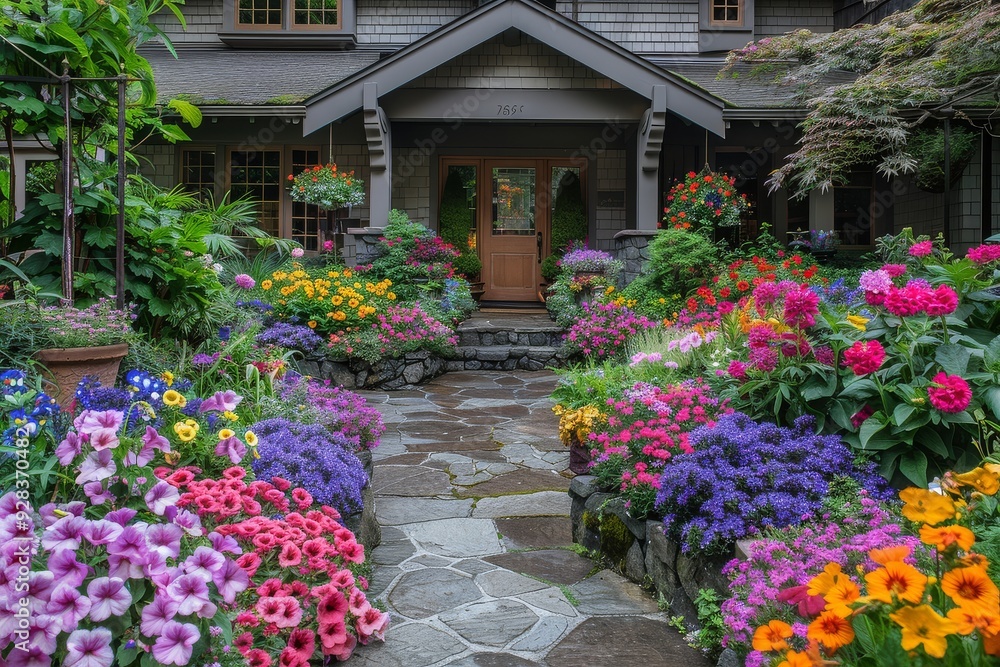 Naklejka premium Charming front yard with colorful flower beds, stone walkway, and lush greenery leading to a wooden door entrance.