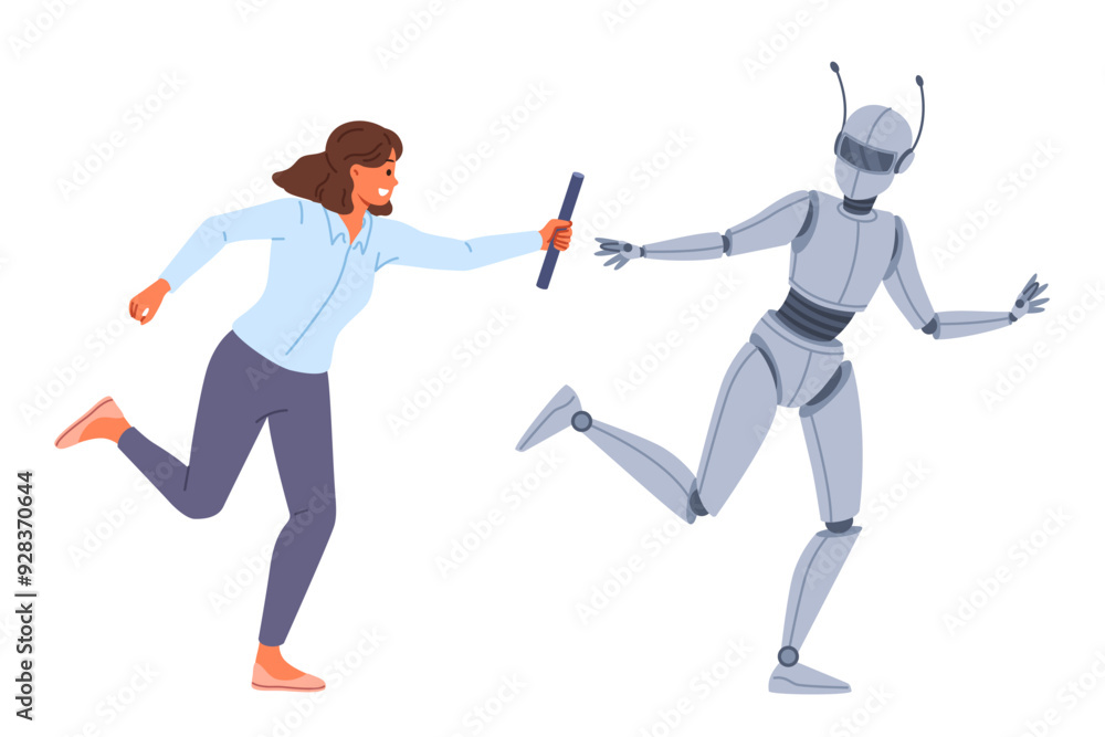 Collaboration human and robot working together towards goal to achieve success in business. Female manager uses robot with artificial intelligence to increase efficiency of own work. Collaboration human and robot working together towards goal to achieve success in business. Female manager uses robot with artificial intelligence to increase efficiency of own work.