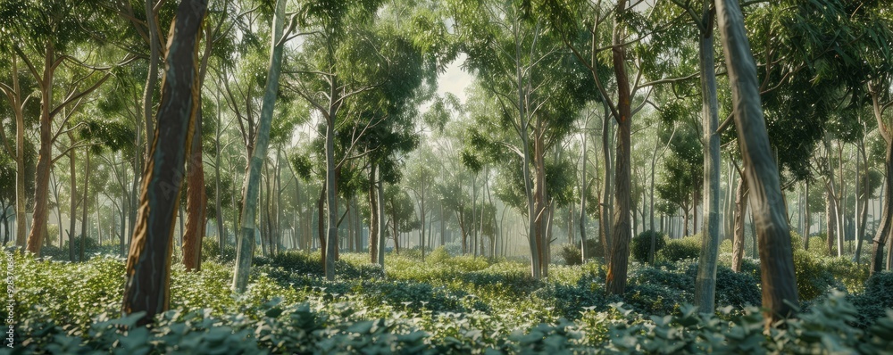 Fototapeta premium Thick eucalyptus grove with aromatic leaves, 4K hyperrealistic photo
