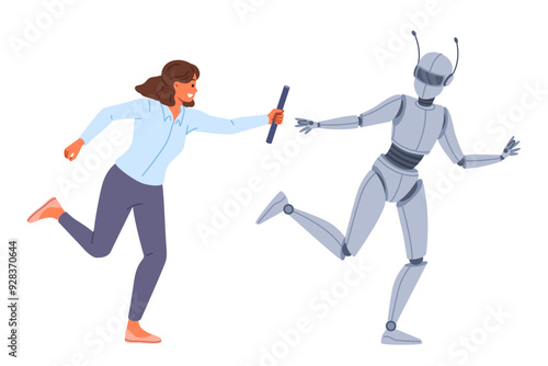Collaboration human and robot working together towards goal to achieve success in business. Female manager uses robot with artificial intelligence to increase efficiency of own work.