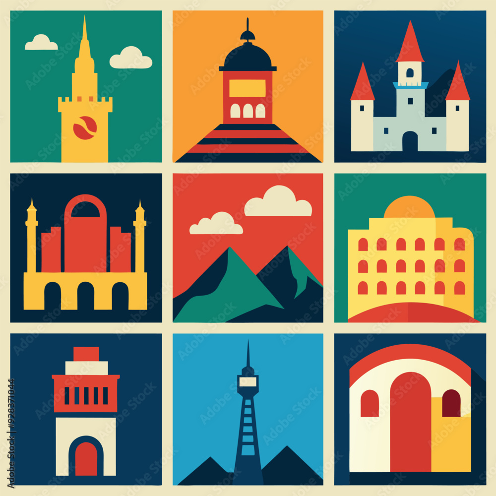 Fototapeta premium Famous world landmarks illustration in flat geometric style vector design Eiffel Tower church mountains buildings travel tourism architecture art EPS format