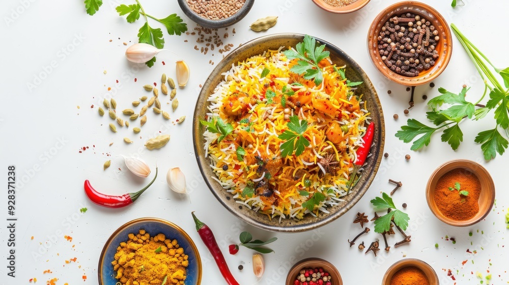 A bowl of rice with a variety of spices and herbs on a white background A bowl of rice with a variety of spices and herbs on a white background
