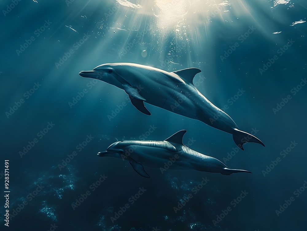 Obraz premium Serene Underwater Scene of Dolphin Mother and Calf Swimming Together in Beam of Sunlight