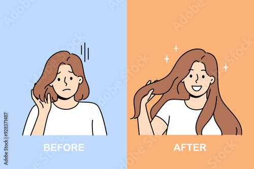 Woman with different hairstyle before and after using shampoo to get silky hair. Girl changed hairstyle through hairdresser from beauty salon to change image and improve appearance