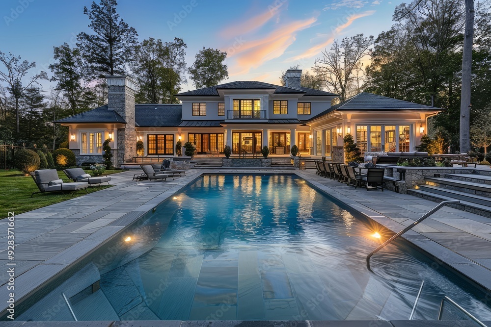Fototapeta premium Elegant home with pool and outdoor living area in Priestford, New Jersey, featuring a stone patio and deck seating.