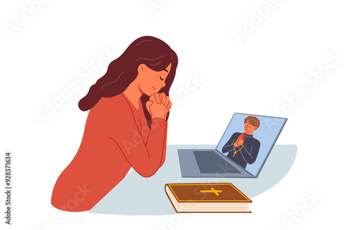 Woman prays sitting in front of laptop and watching video broadcast with priest from christian church. Catholic girl praying, captivated by watching online sermons of catholic diocese