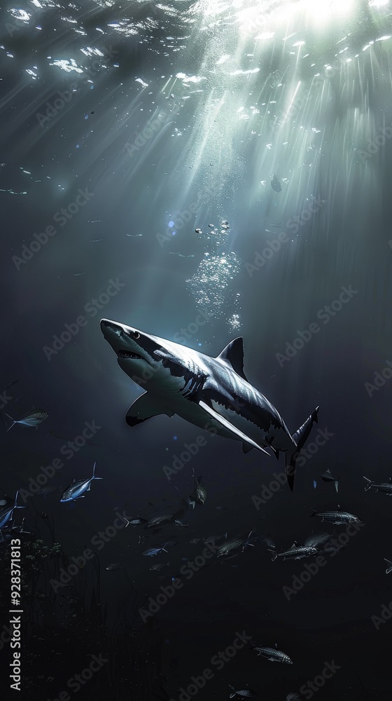 Fototapeta premium A shark is swimming in the ocean with a school of fish