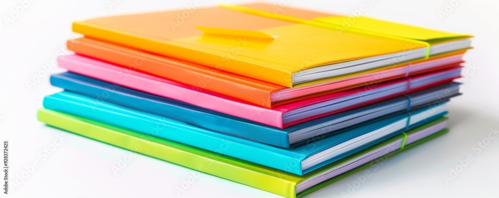 Stack of colorful notebooks with sticky notes on white background, 4K hyperrealistic photo Stack of colorful notebooks with sticky notes on white background, 4K hyperrealistic photo