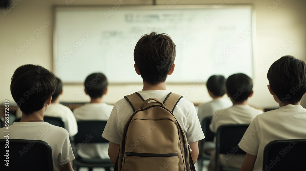 Fototapeta premium Engrossed Young Minds: A classroom of students, seen from behind, attentively focus on a lesson, their backpacks neatly aligned, symbolizing the pursuit of knowledge and the universal language 