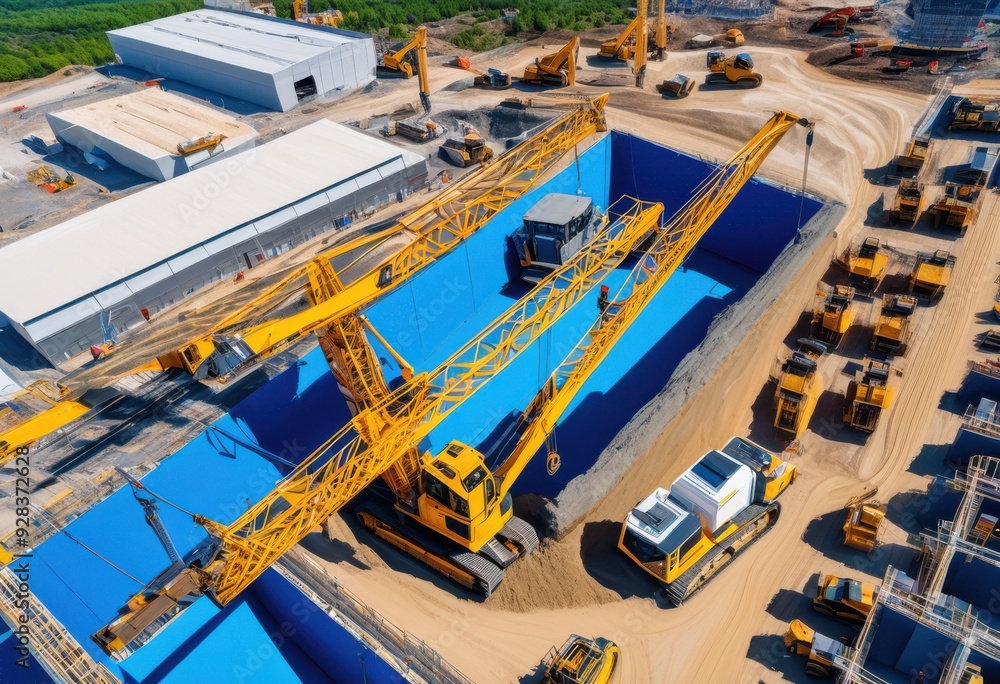 Fototapeta premium mesmerizing drone footage highlighting advanced construction machinery performing dynamic tasks job sites, aerial, video, equipment, technology, innovation