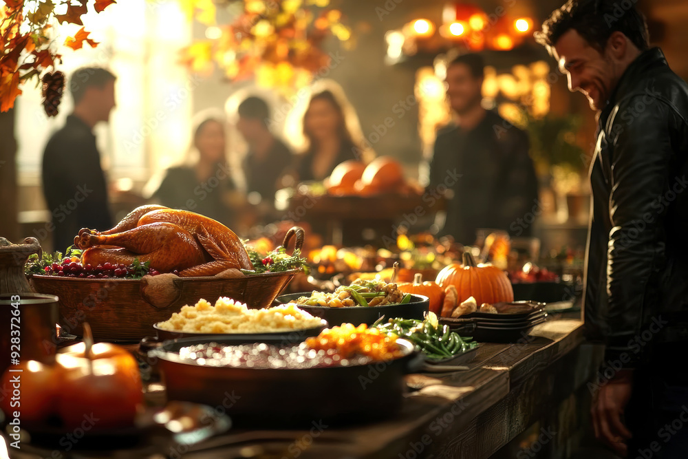 A view of an autumnal and colourfully decorated table for the feast of Thanksgiving. In the background are seated people. AI generative. A view of an autumnal and colourfully decorated table for the feast of Thanksgiving. In the background are seated people. AI generative.