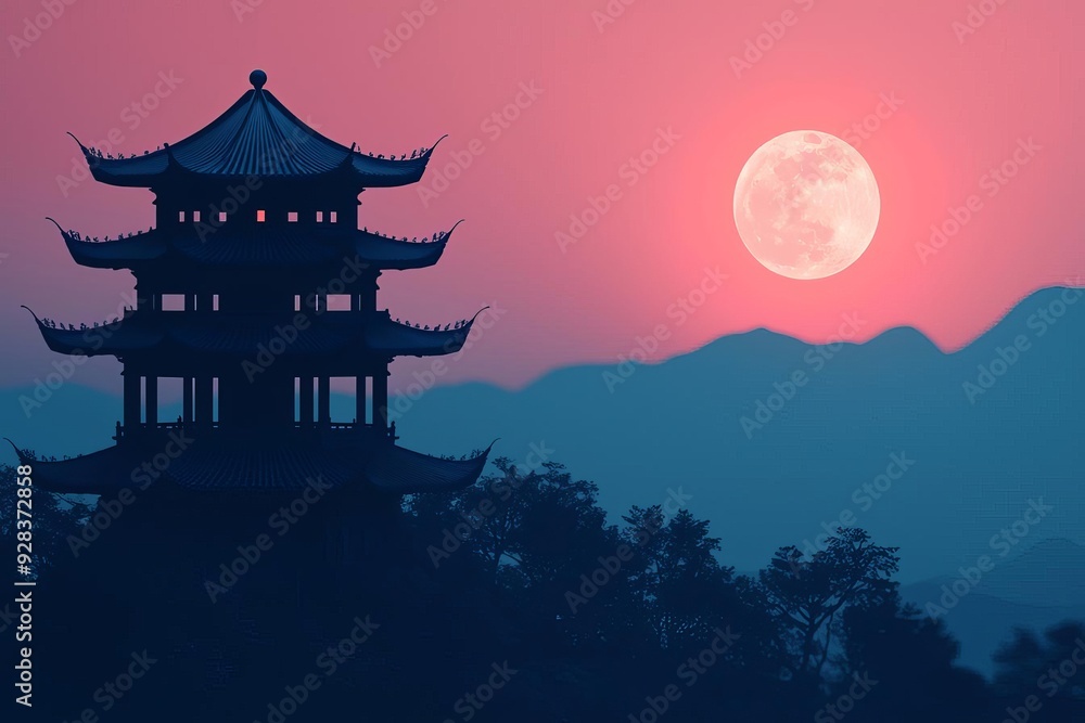Full moon over ancient Chinese pavilion, 3D illustration Full moon over ancient Chinese pavilion, 3D illustration