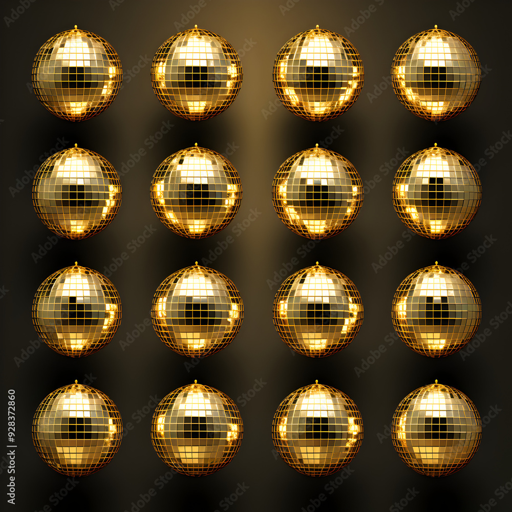 A Collection of Gold Disco Balls with a Reflective Surface Against a Dark Background, Creating a Warm, Radiant Glow in a Symmetrical Grid Pattern A Collection of Gold Disco Balls with a Reflective Surface Against a Dark Background, Creating a Warm, Radiant Glow in a Symmetrical Grid Pattern