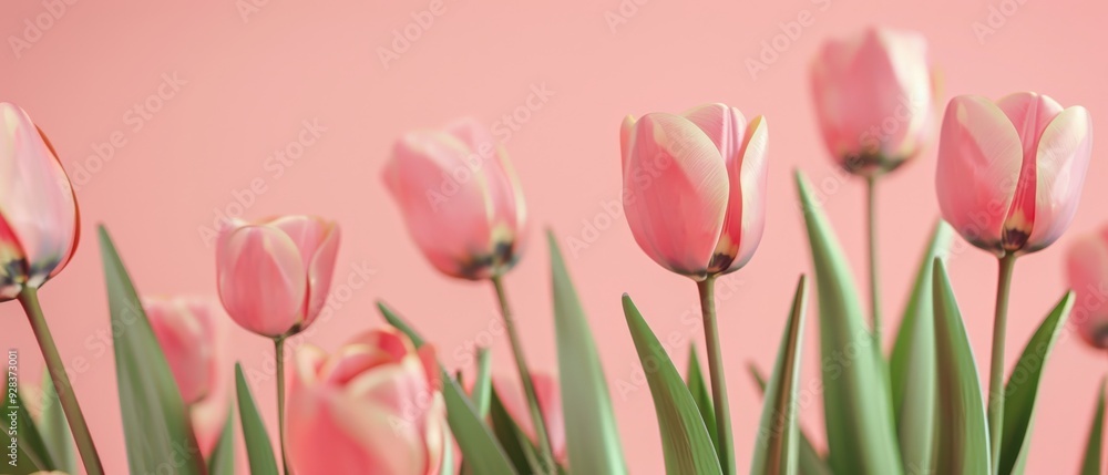 A row of pink flowers with green stems A row of pink flowers with green stems