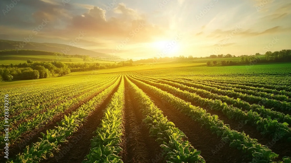 beautiful view in a green farm field with rows of rural plants and vegetables with amazing sunset or sunrise on background of agricultural landscape. Generative ai