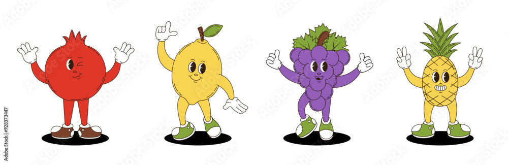 Obraz premium Fruits set in retro groovy style. Groovy retro characters of pomegranate, lemon, grapes, pineapple.