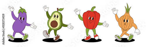 Wallpaper Mural Vegetables set in retro groovy style. Groovy retro characters of eggplant, avocado, bell pepper, onion. Torontodigital.ca