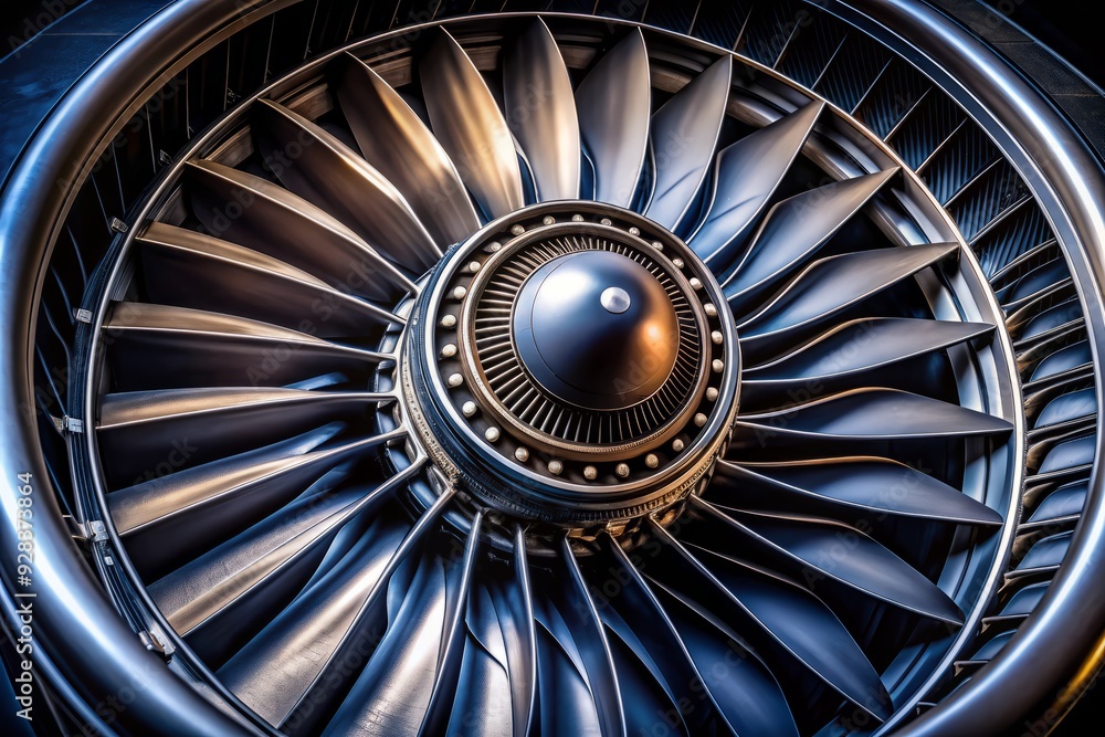 Highly detailed close-up of a turbofan aircraft engine, showcasing ...