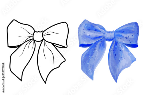 Set of bows. Vector illustrations of blue and outline tied bow
