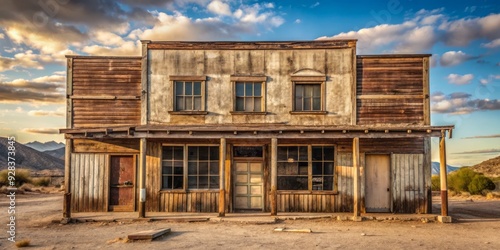 weathered saloon facade with faded signage and broken windows in desert landscape color distressed earthy tones
