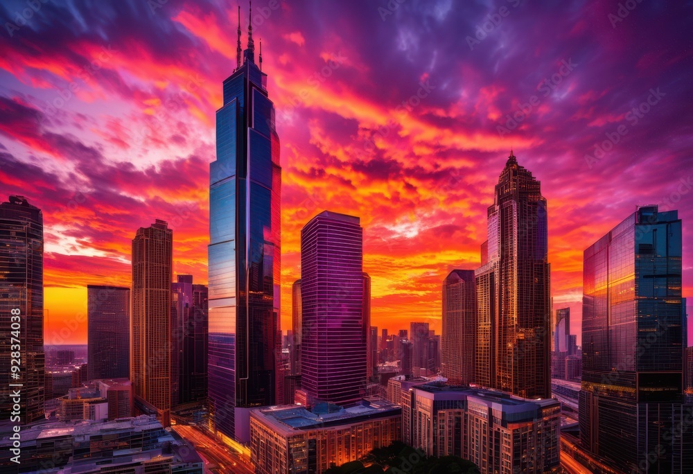 Fototapeta premium vibrant city skyline sunset featuring dramatic clouds sky displaying bright hues stunning colors, cityscape, orange, pink, blue, light, reflection, buildings