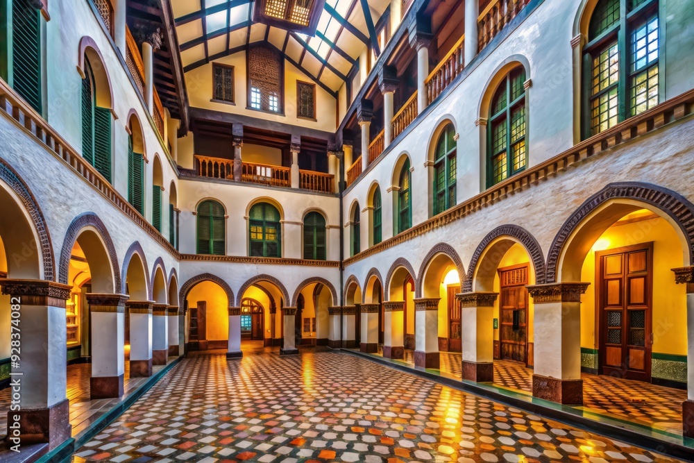 Fototapeta premium Historic Lawang Sewu building interior in Semarang, Indonesia, featuring a labyrinth of ancient doors, windows, and ornate archways, exuding colonial-era charm and mystique.