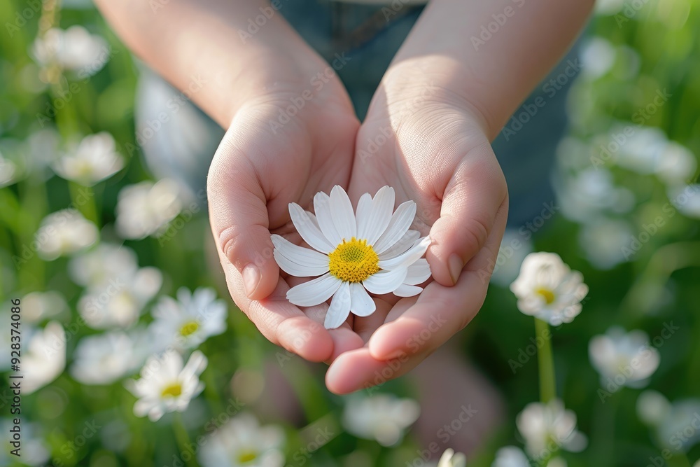 Child's hands holding daisies close-up photo. Banner with blurred background of spring or summer meadow. Concept of holiday, children's joy and love for mother Child's hands holding daisies close-up photo. Banner with blurred background of spring or summer meadow. Concept of holiday, children's joy and love for mother